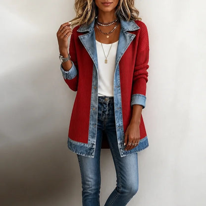 Knit Coat with Denim Panels Ribbed Cardigan