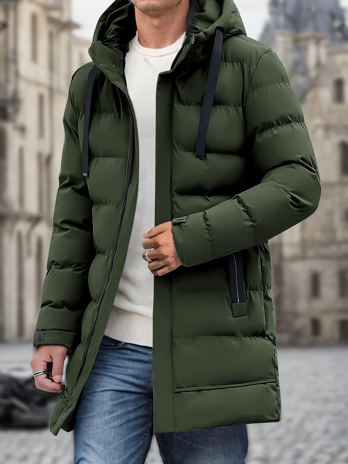 Men's Hooded Puffer Jacket – Black Longline