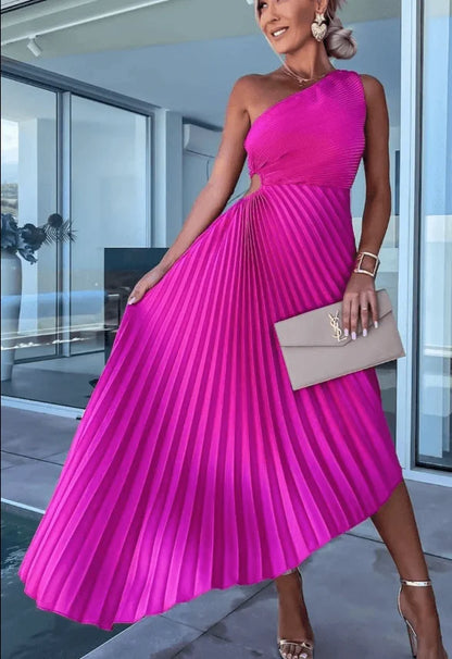 Wedding Guest Dress – Red One-Shoulder Pleated Maxi