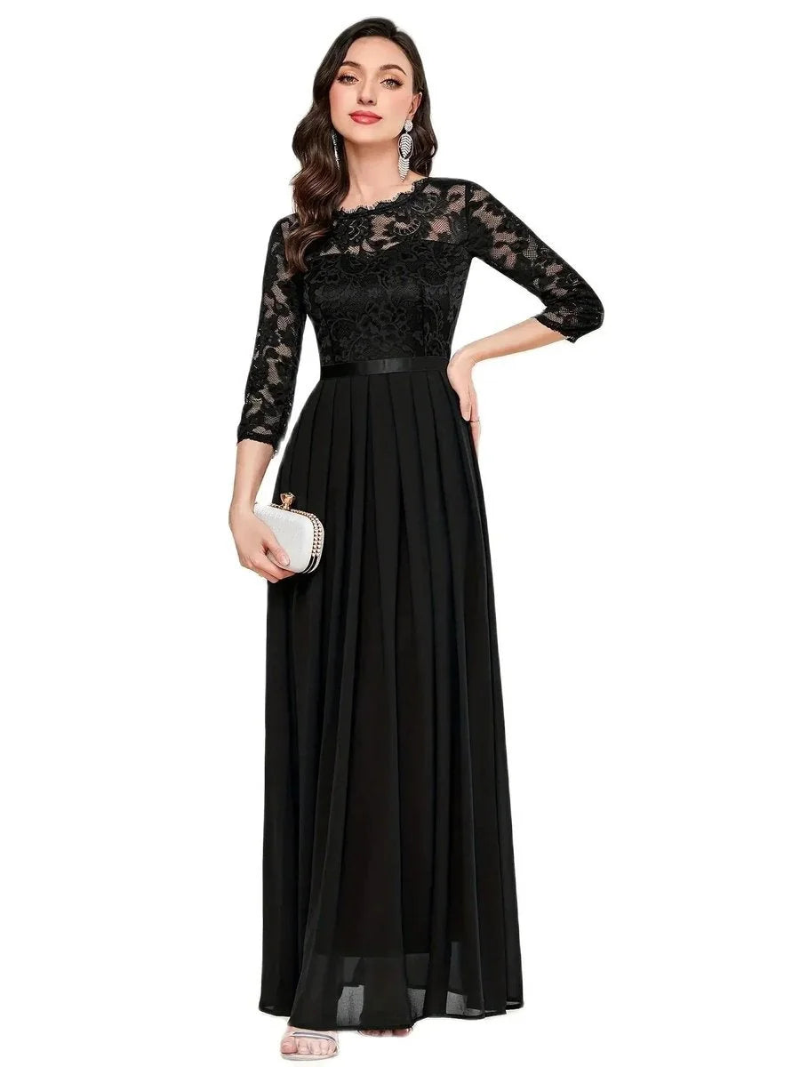 Lace Maxi Dress – Red Three-Quarter Sleeve