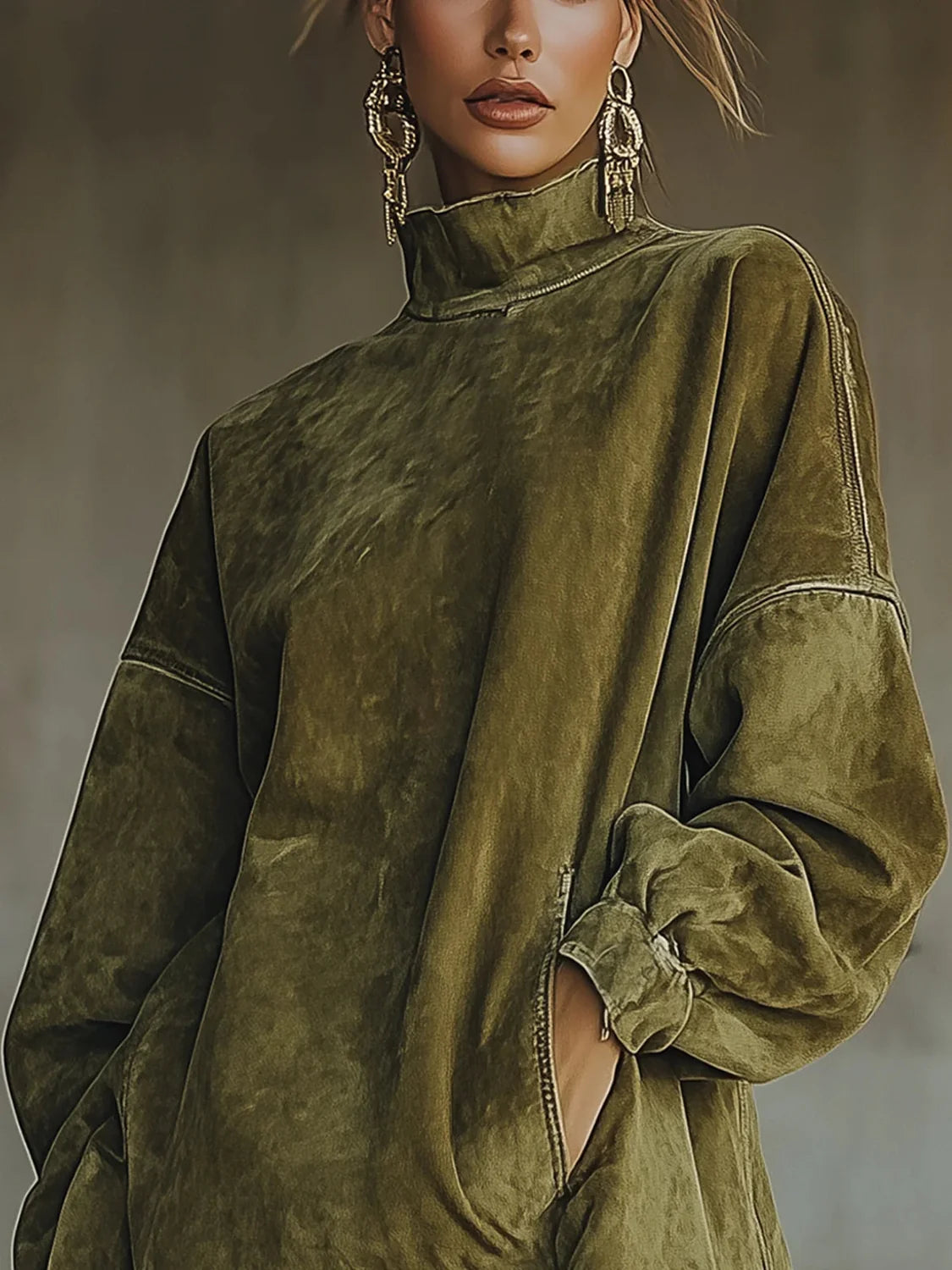 Sweater Dress – Green Fringe Hem Mock Neck