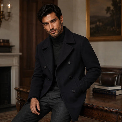 Men's Wool Coat – Black Double-Breasted Peacoat