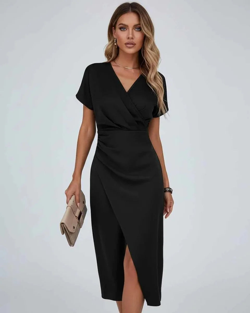 Wrap Midi Dress with Draped Waist and Split Hem