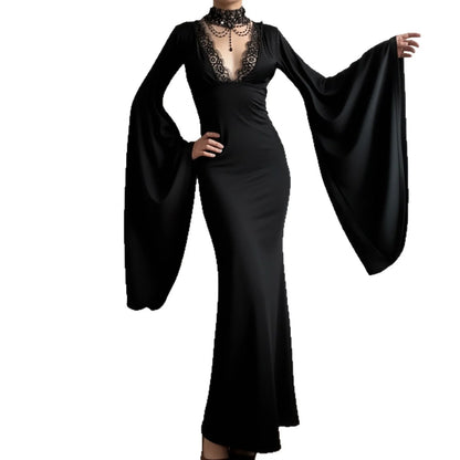 Lace Maxi Dress – Black Flared Sleeve V-Neck