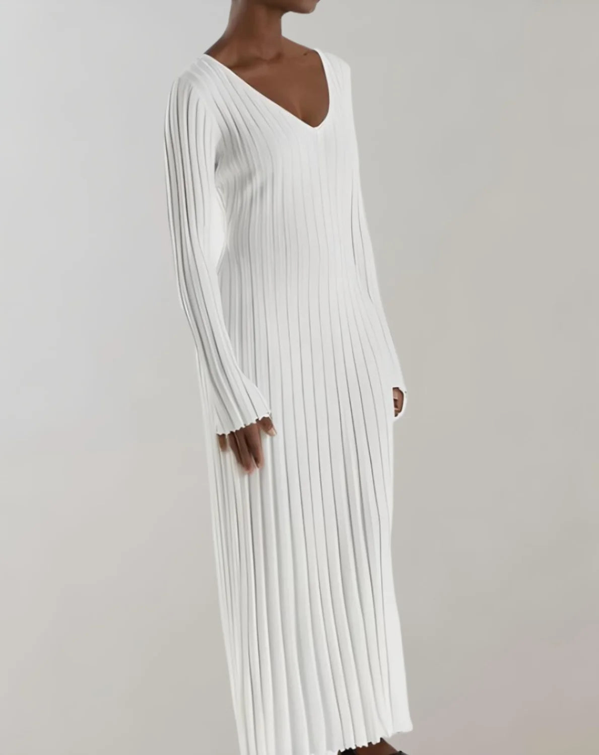 Sweater Dress – White V-Neck Ribbed Maxi