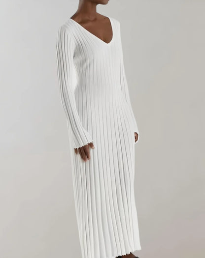 Sweater Dress – White V-Neck Ribbed Maxi