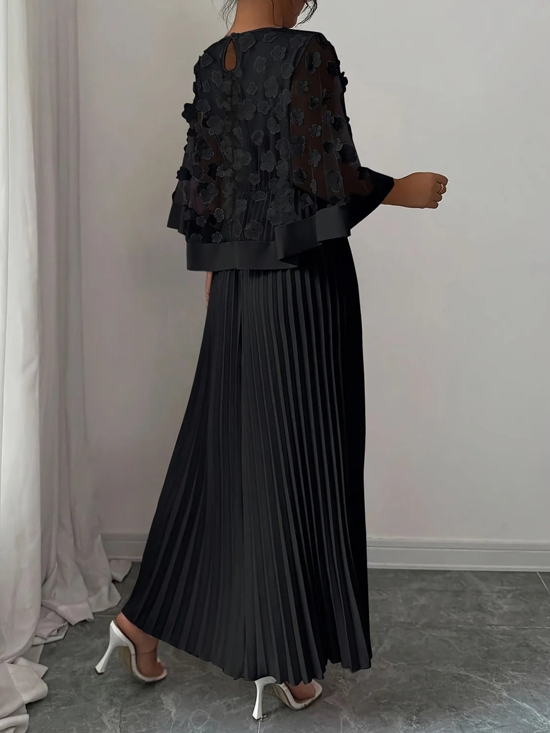 Maxi Dress 3D Floral Appliqué Pleated Wedding Guest
