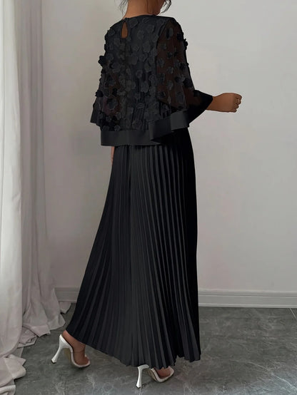 Maxi Dress 3D Floral Appliqué Pleated Wedding Guest