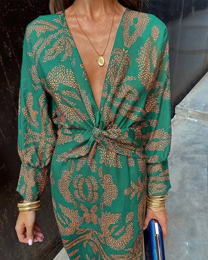 Printed Twist Front Long Sleeve Midi Dress