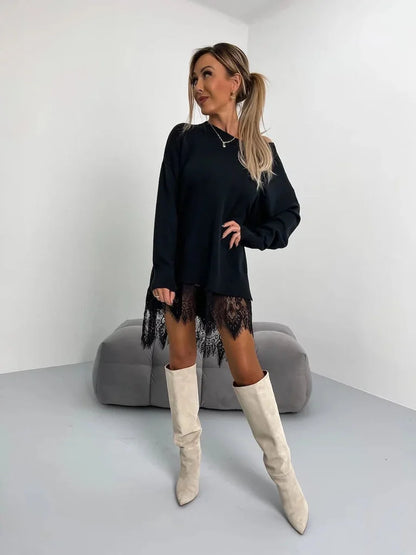 Sweater Dress – Apricot Oversized Mini Lace Hem