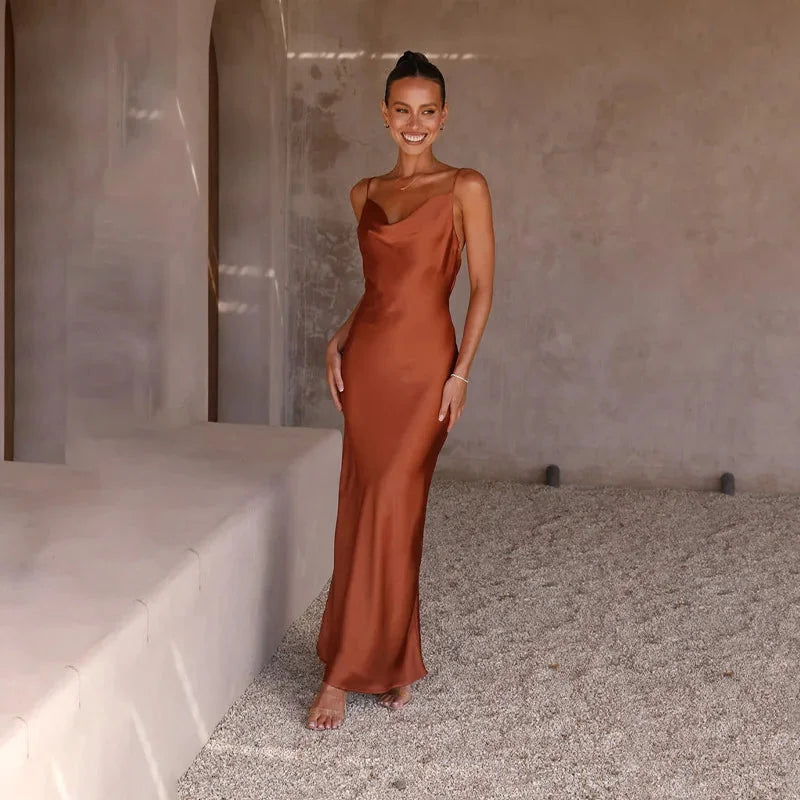 Wedding Guest Dress – Black Cowl Neck Satin Maxi