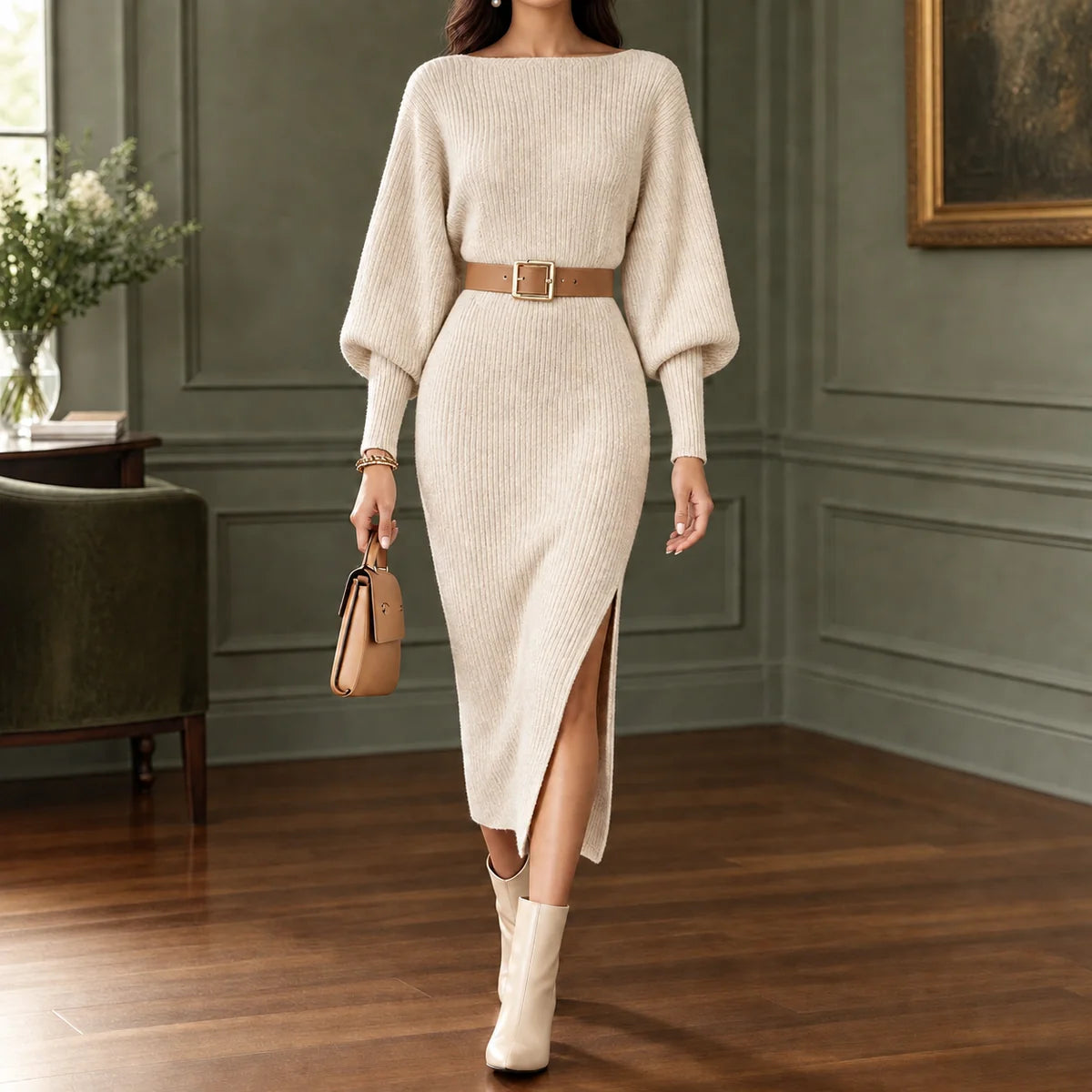 Ribbed Knit Midi Sweater Dress