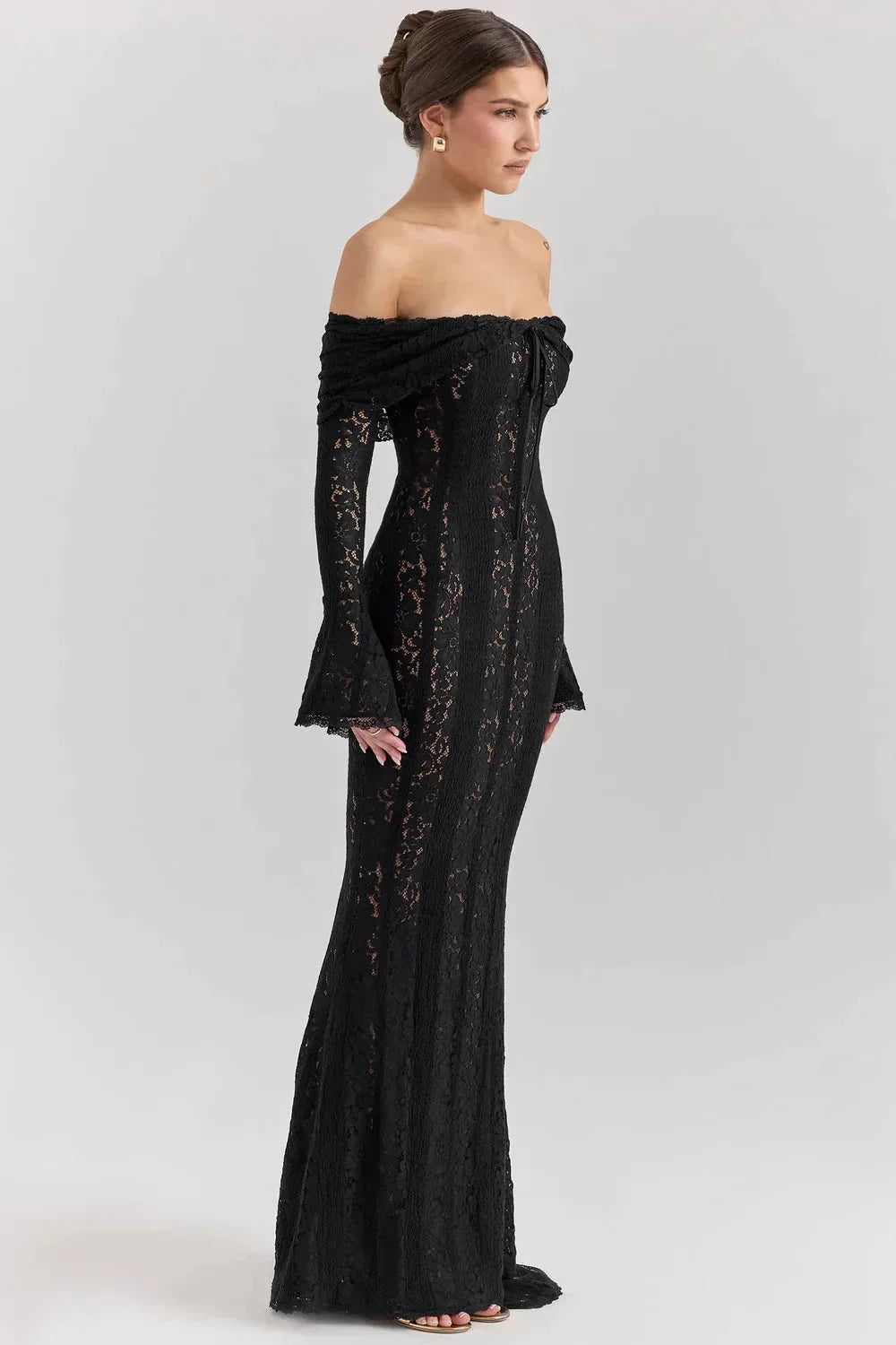 Lace Maxi Dress – Black Off-Shoulder Bell Sleeve