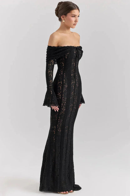 Lace Maxi Dress – Black Off-Shoulder Bell Sleeve