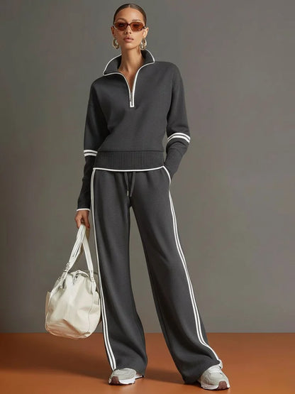 Half-Zip Loungewear Set with Wide-Leg Pants