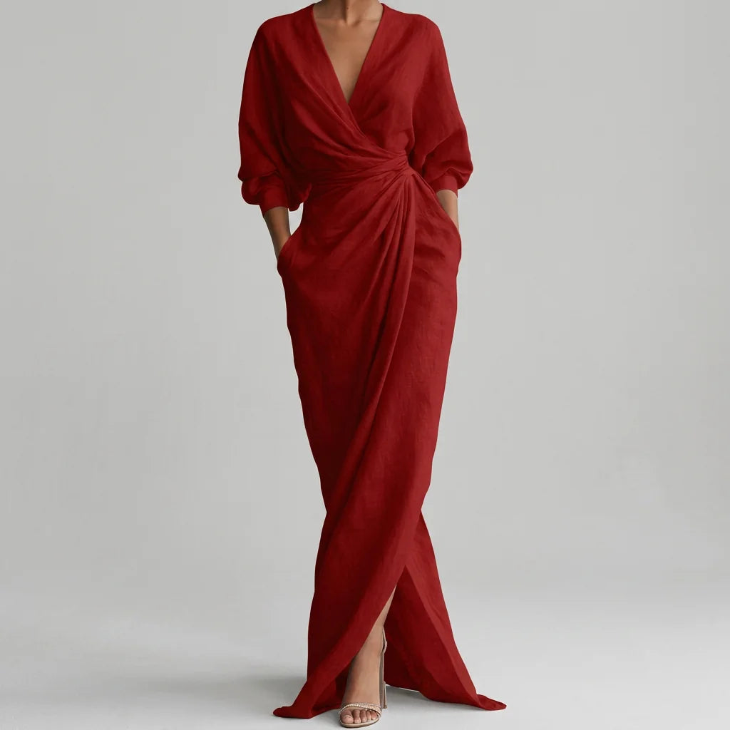 Ruched Wrap-Front Long Sleeve Maxi Dress
