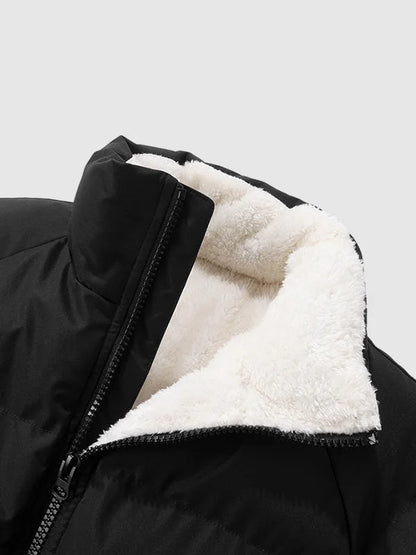 Men's Puffer Jacket – Black Fleece-Lined Stand Collar
