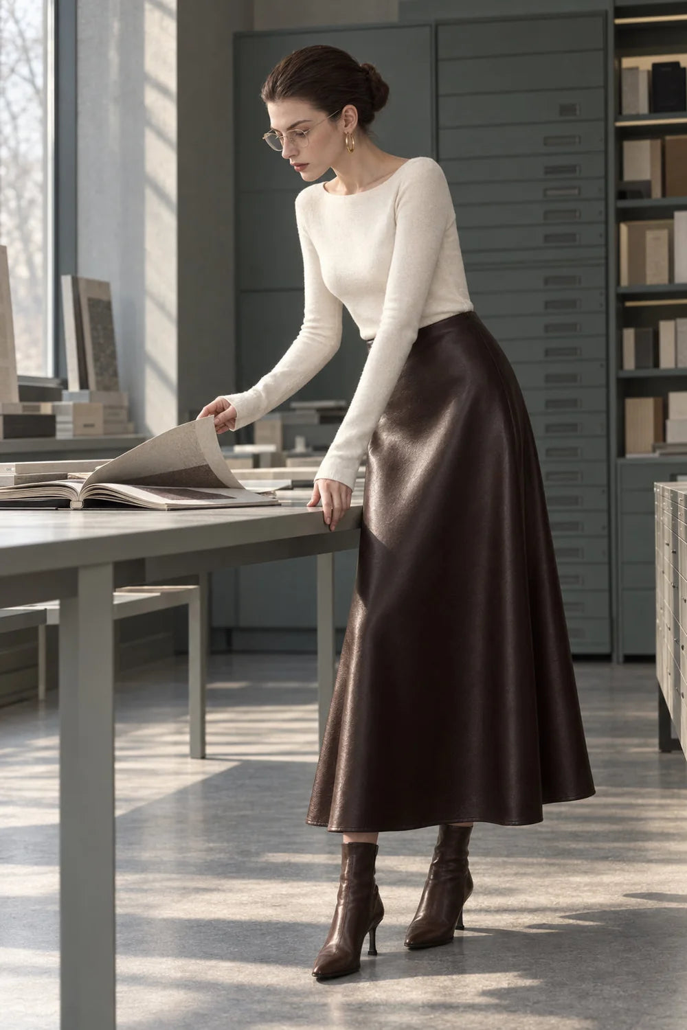 Faux Leather Midi Skirt Pleated A-Line