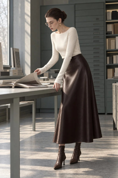 Faux Leather Midi Skirt Pleated A-Line