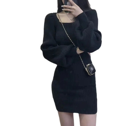 Sweater Dress – Red Puff Sleeve Square Neck