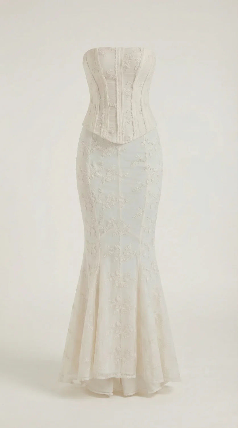 Lace Maxi Dress – White Corset Mermaid