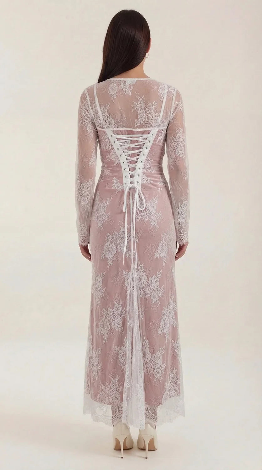 Lace Maxi Dress – Ivory White Long Sleeve Square Neck