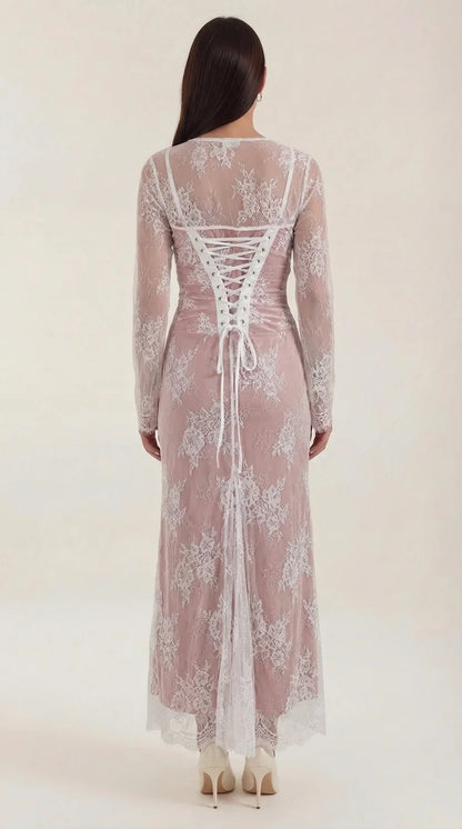Lace Maxi Dress – Ivory White Long Sleeve Square Neck
