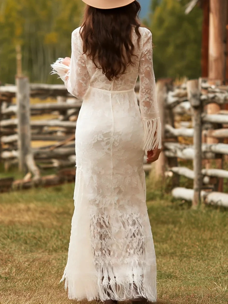 Lace Long Sleeve Maxi Dress with Fringe
