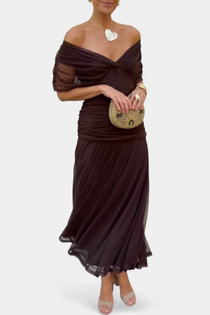 Off Shoulder Midi Dress Draped Wrap Bodice