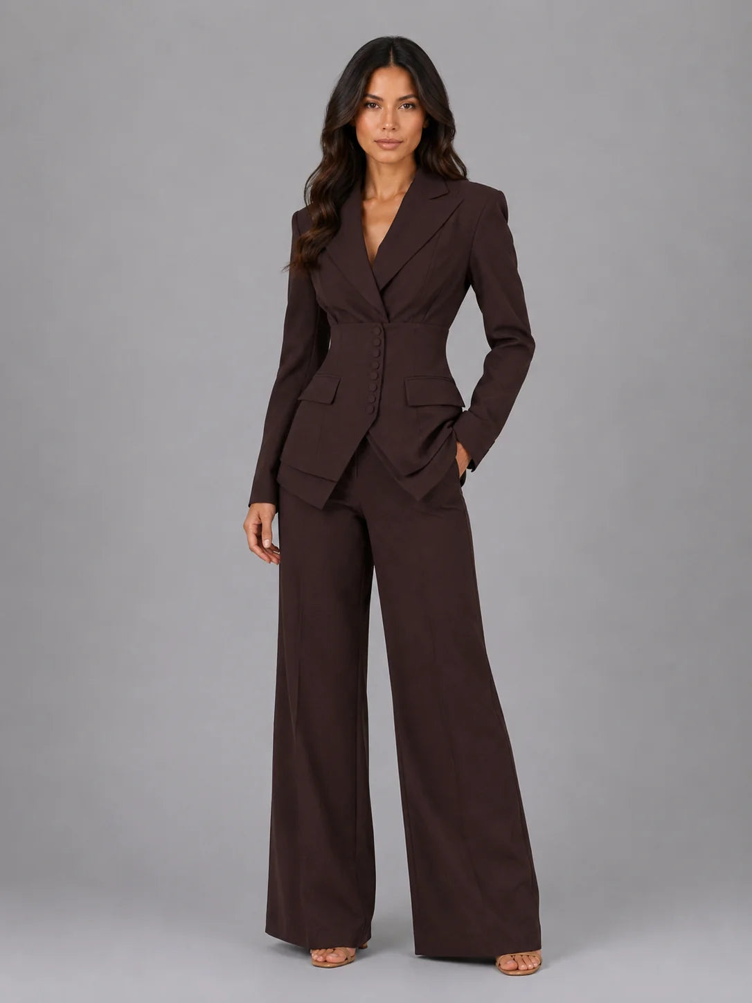 Three-Piece Pant Suit Set with Wide-Leg Trousers