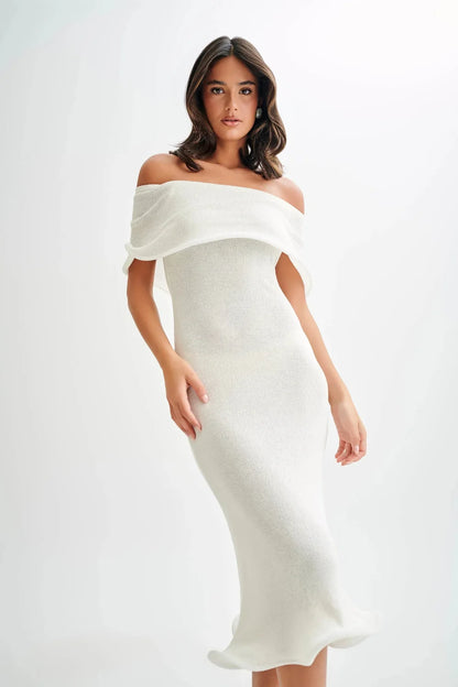 Sweater Dress – Black Off-Shoulder Midi