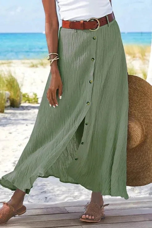 High-Waist Button-Front Crinkle Linen-Look Maxi Skirt