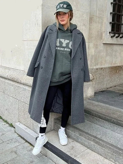 Wool Coat – Beige Double-Breasted Long Wool-Blend