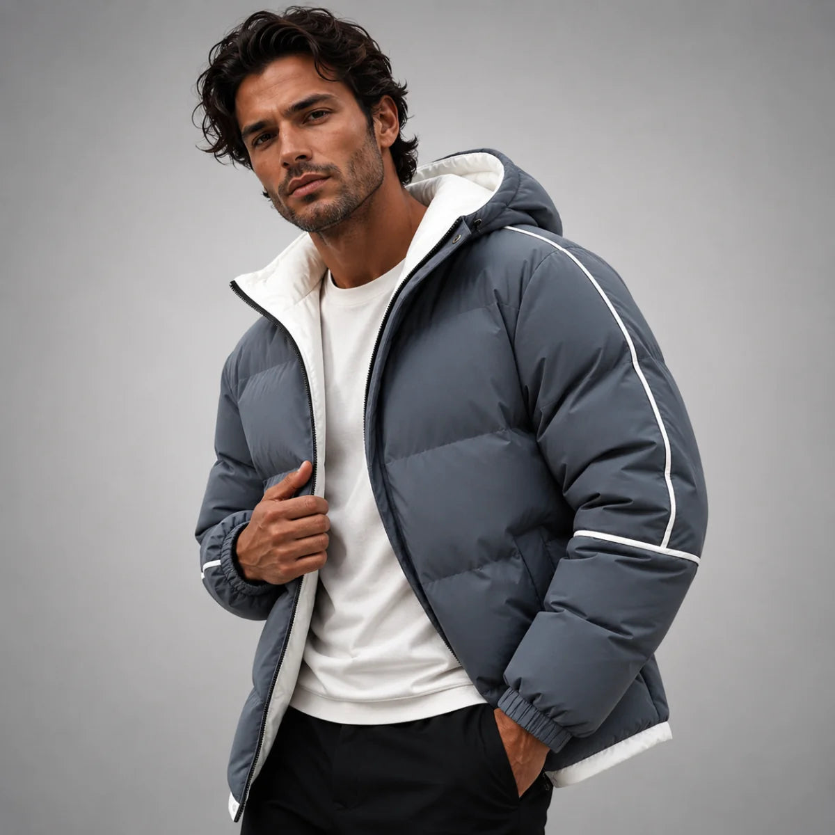 Men's Hooded Puffer Jacket – Black Contrast Piping