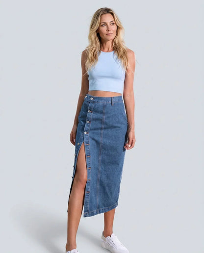 Button-Front Denim Midi Skirt