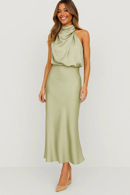 Wedding Guest Dress – Dark Red Halter Satin Maxi