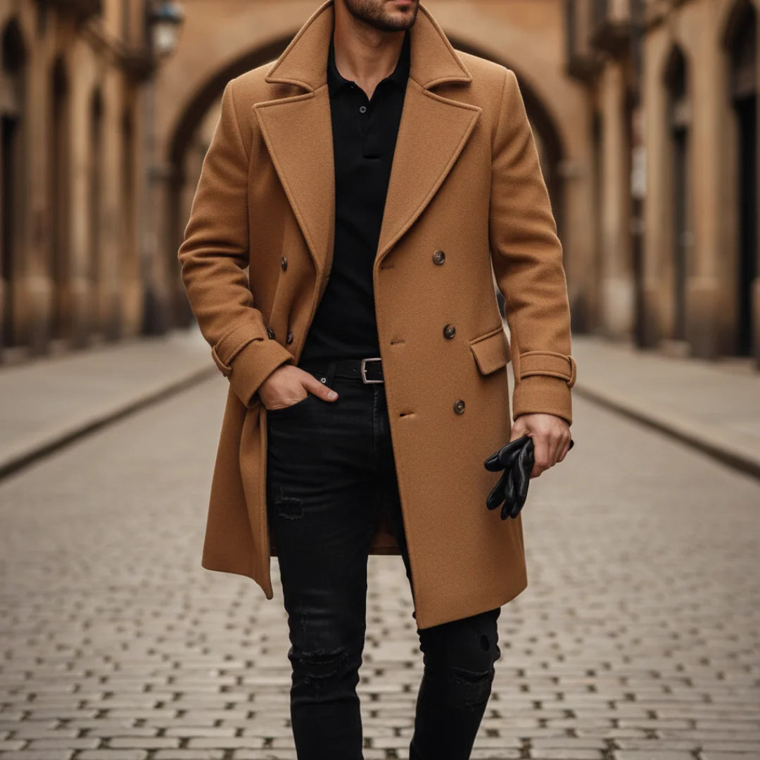 Men's Wool Coat – Blue Double-Breasted Longline