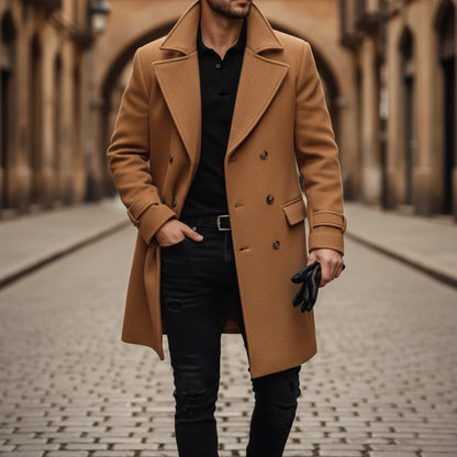 Men's Wool Coat – Blue Double-Breasted Longline