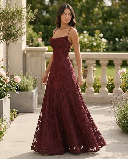 Wedding Guest Dress – Red Lace A-Line Maxi