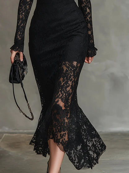 Lace High-Neck Long Sleeve Maxi Dress