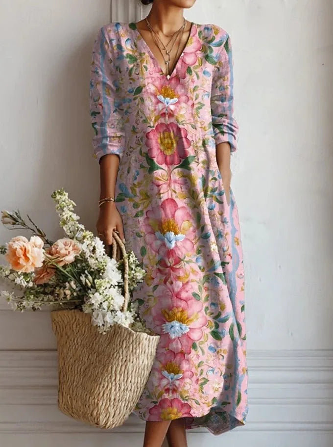 Floral Long Sleeve Midi Dress with V-Neck