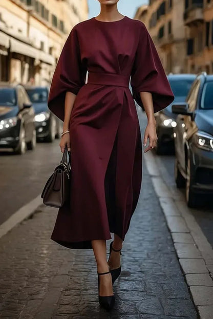 Belted Midi Dress with Lantern Sleeves