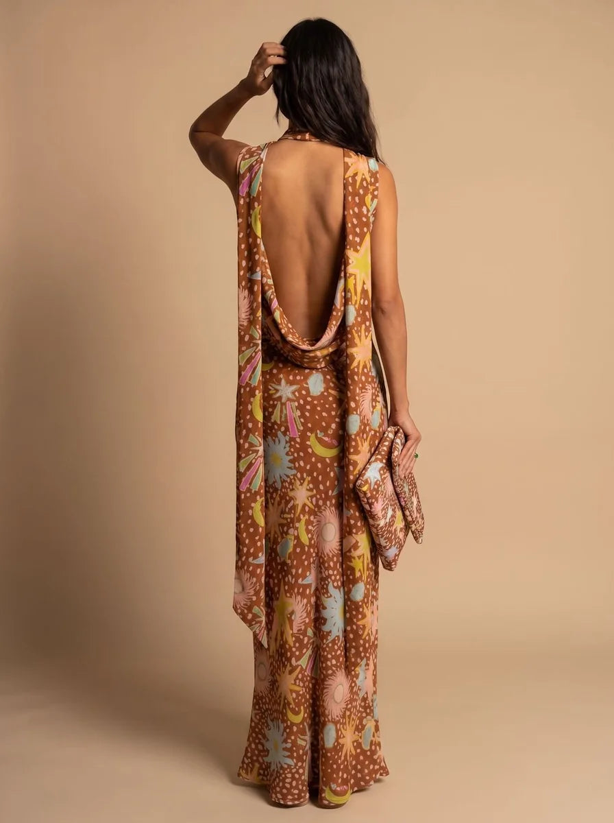 Cowl Neck Halter Maxi Dress Detachable Scarf Celestial Print