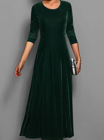 Velvet Maxi Dress – Red Long Sleeve Round Neck