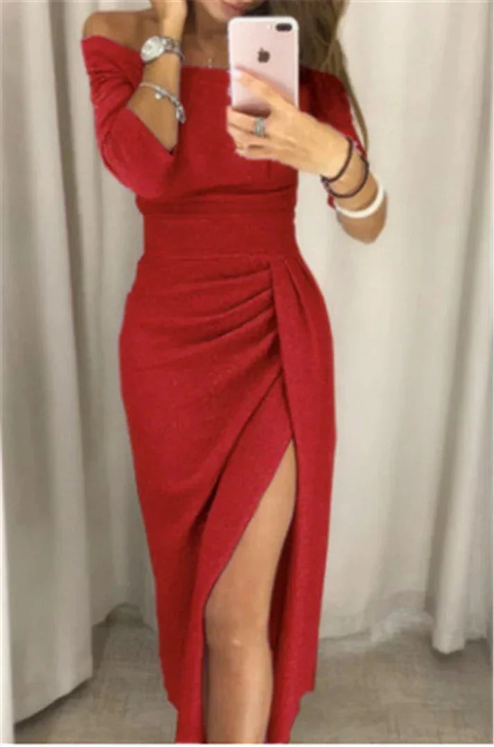 Glitter Long Sleeve Maxi Dress with Ruched High Slit