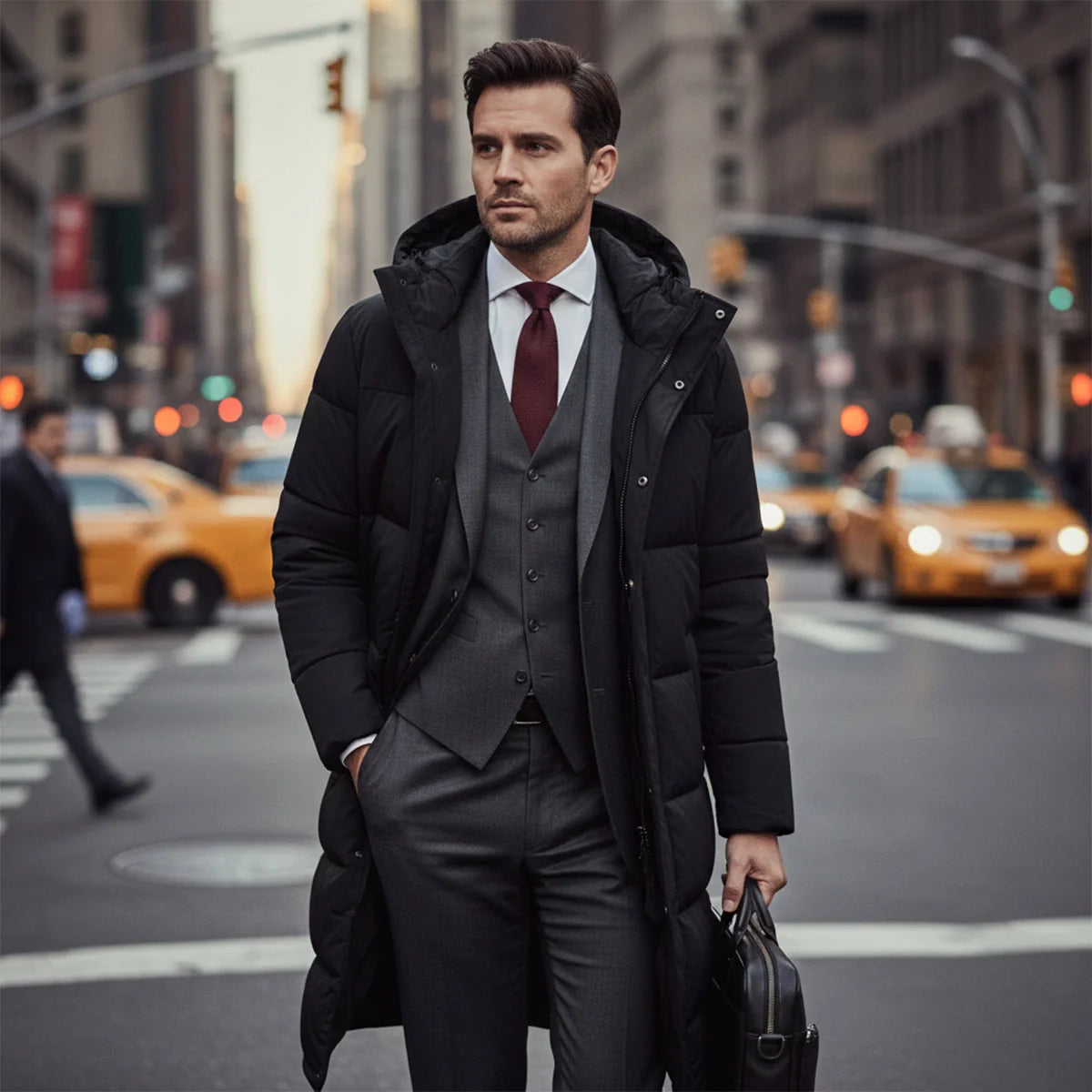 Men's Hooded Puffer Jacket – Black Long Winter Coat