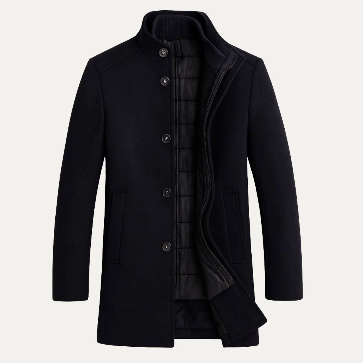 Men's Wool Coat – Black Stand Collar Overcoat