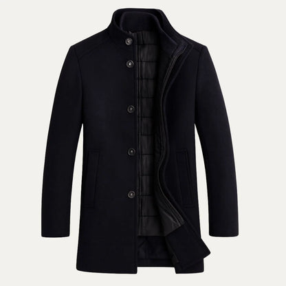 Men's Wool Coat – Black Stand Collar Overcoat