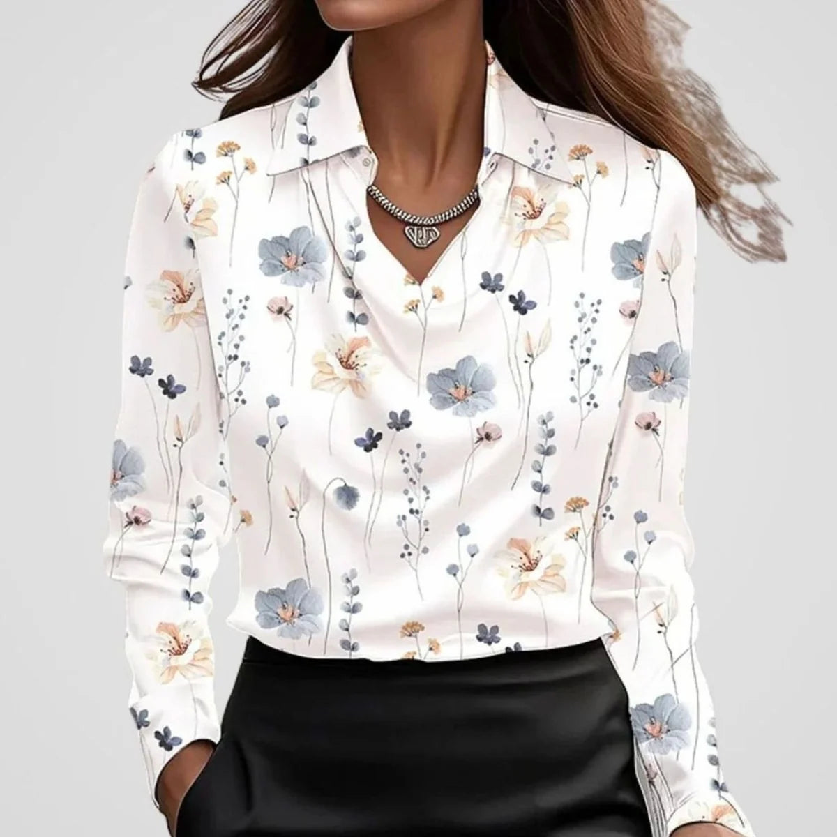 Elegant Cowl-Neck Long-Sleeve Satin Blouse