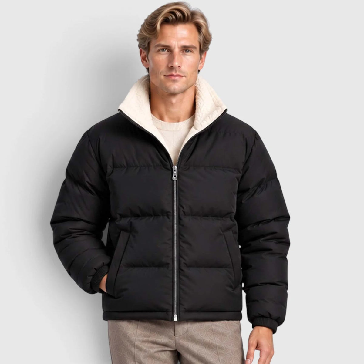 Men's Reversible Puffer Jacket with Stand Collar